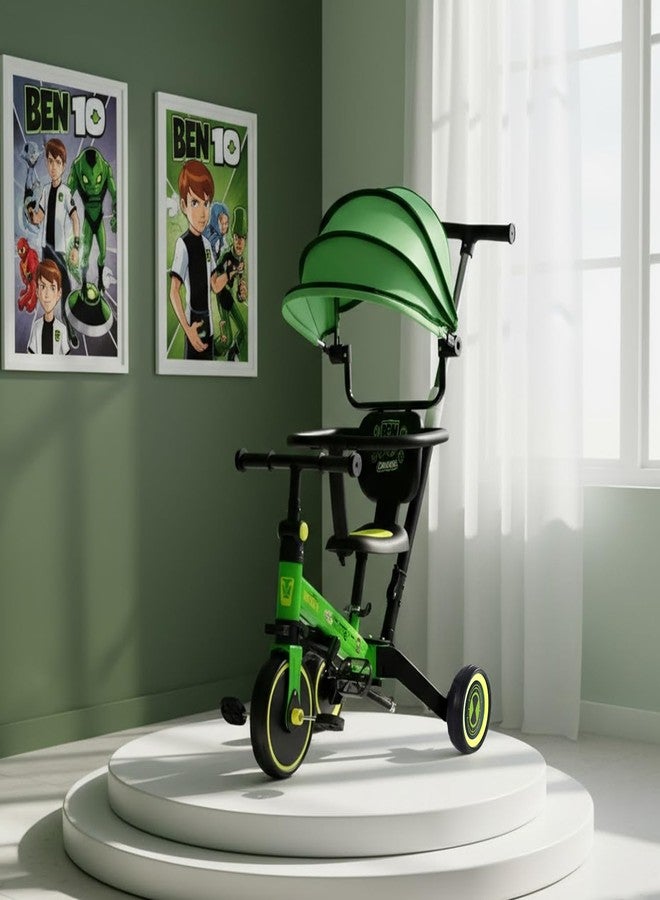 Leotoon Licensed Ben10 4 in 1 Trot n Roll Tricycle, Sunshade, 3 Mute EVA Wheels, Big Wheel Hub, Steel Frame, Non-Slip Tyres, Extendable Handle, Convertible to Balance Bike, Ben10, 2 to 6 Years - Image 1